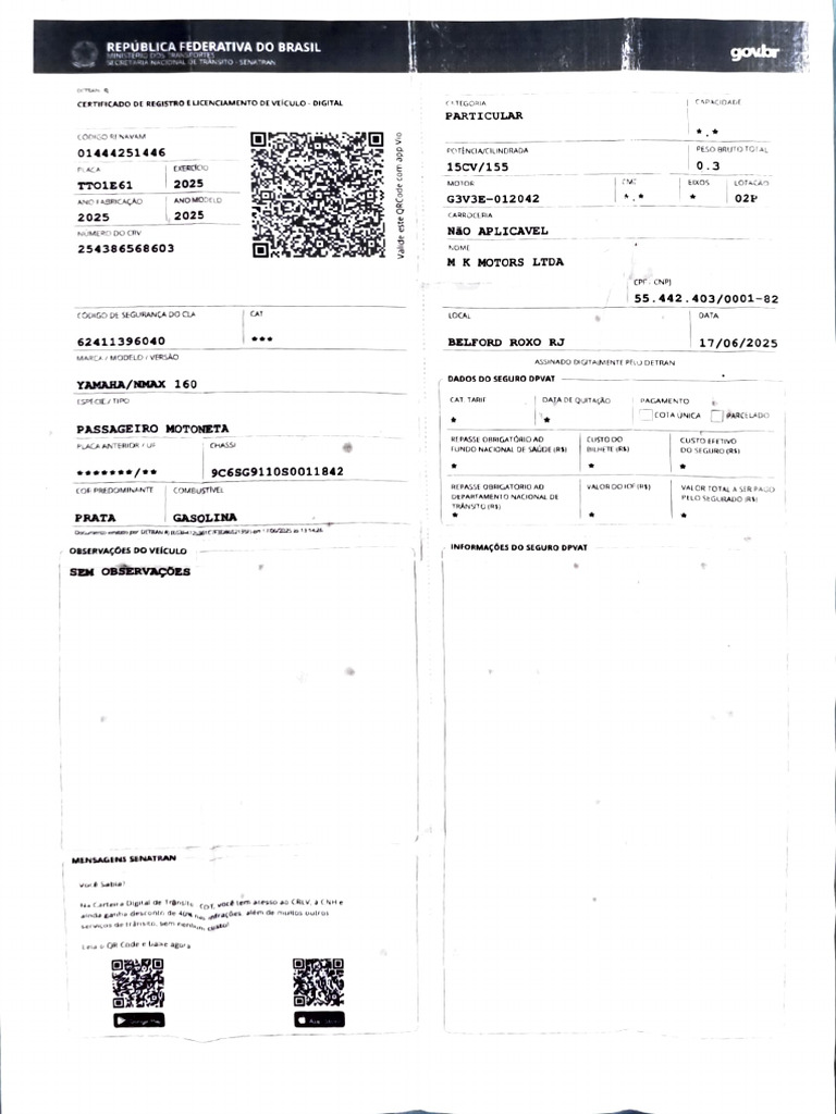 Documento Da Moto 2025 | PDF | Veículos | Transporte