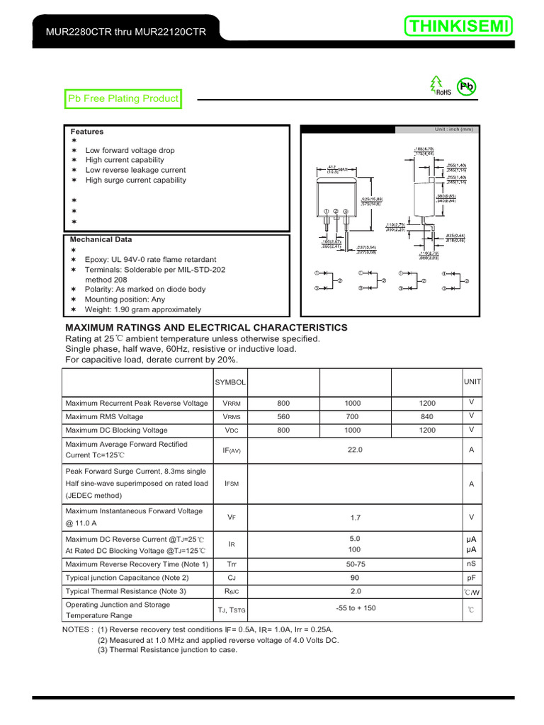 MUR2280CTR_MUR22100CTR_MUR22120CTR(TO-263AB) | PDF | Rectifier | Diode