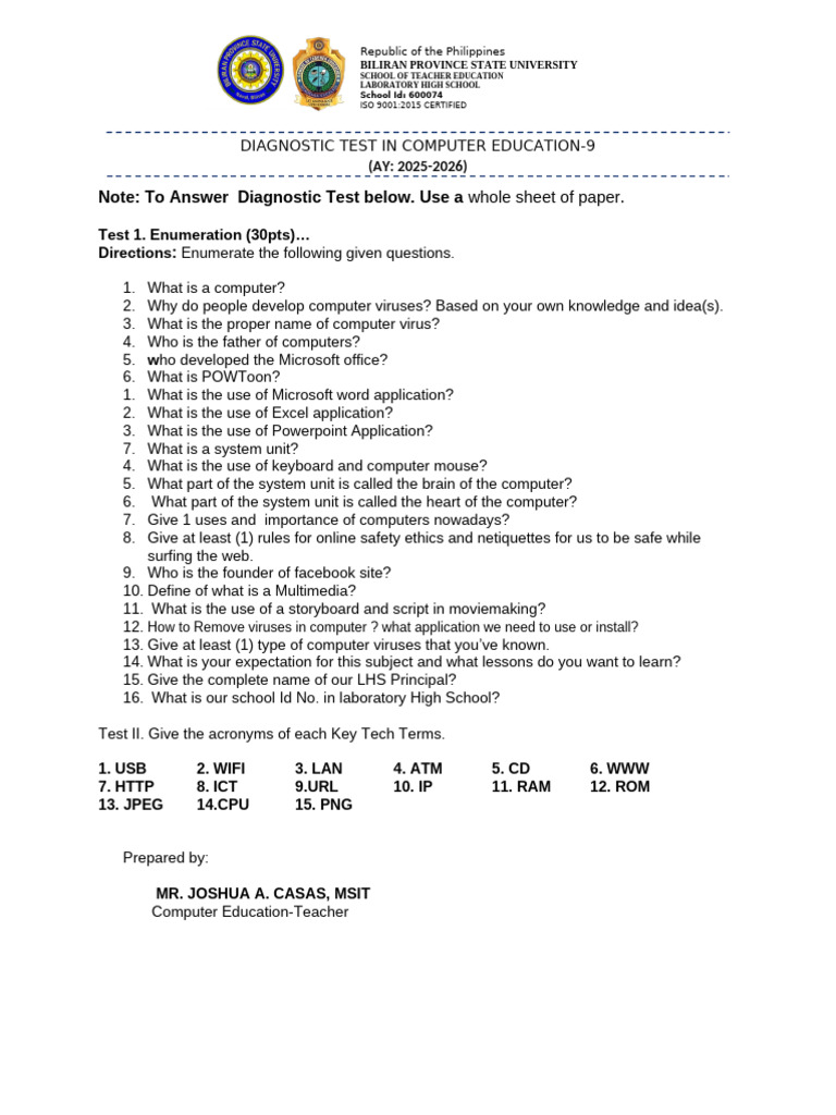Computer Education Diagnostic Test 2025-2026 | PDF | Input/Output ...