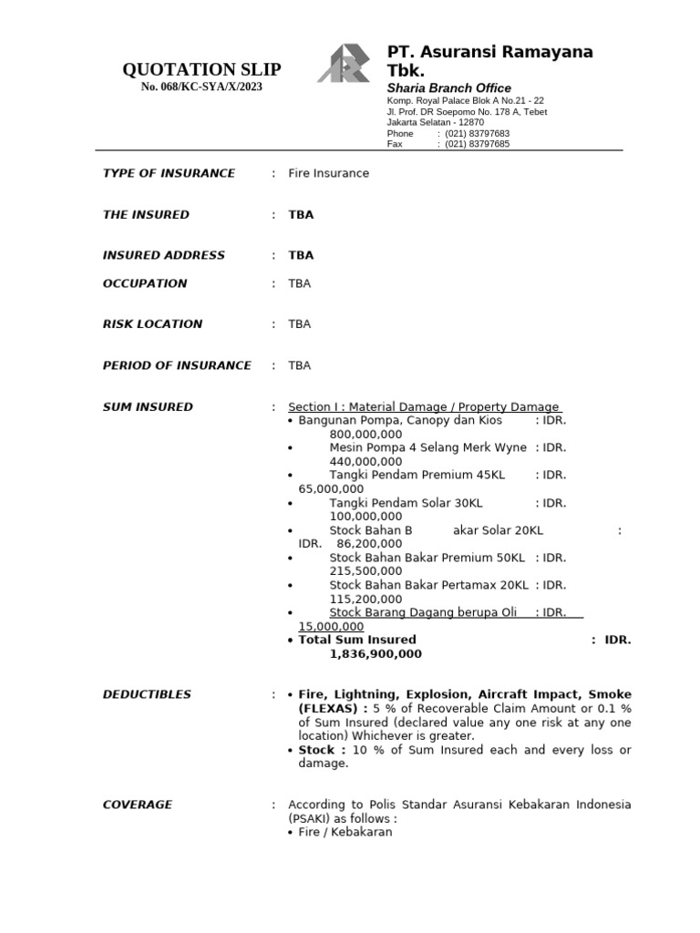 Fire Insurance Quotation Slip 2023 | PDF | Risk | Business Law