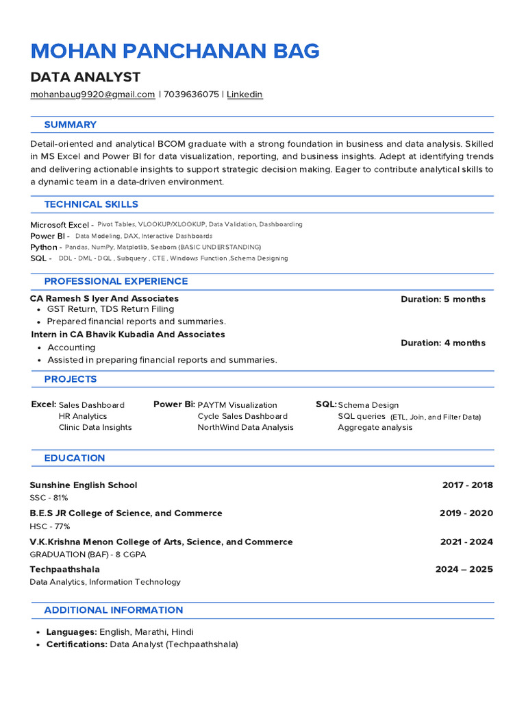 Data Analyst Resume and Skills Overview | PDF