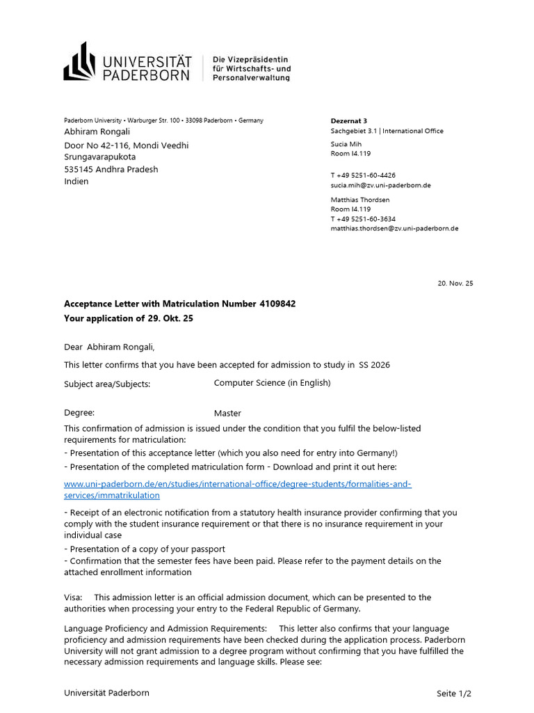 Admission Confirmation for Master's in CS | PDF | Government And Personhood