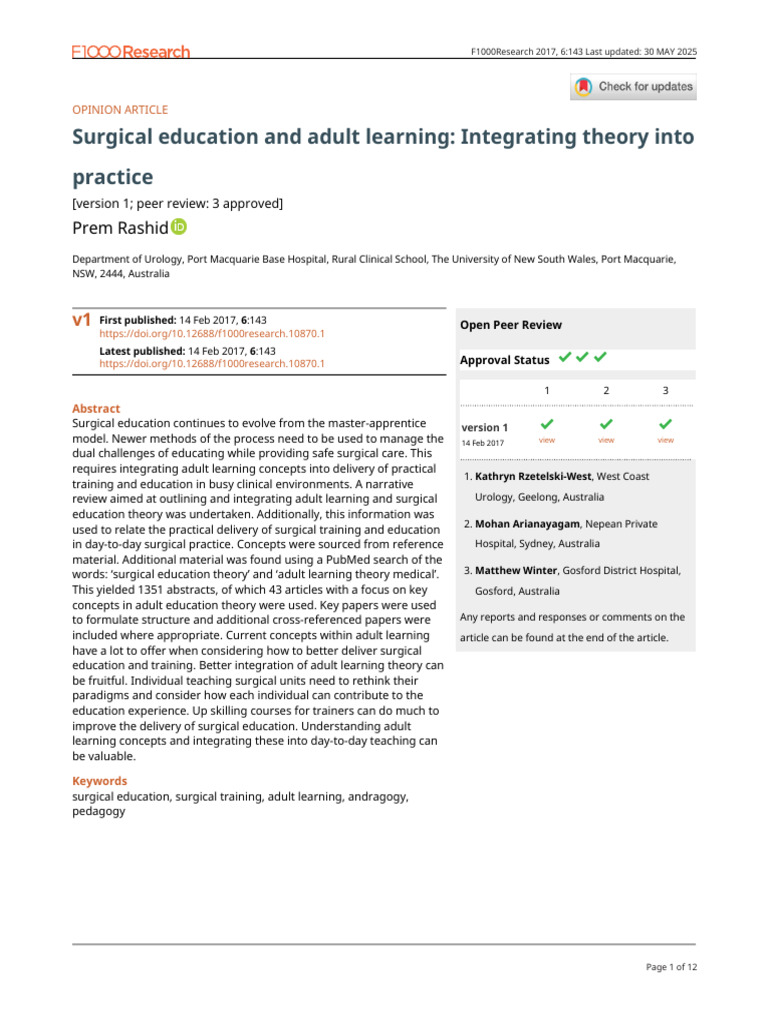 Surgical Education: Integrating Adult Learning | PDF | Learning | Cognition