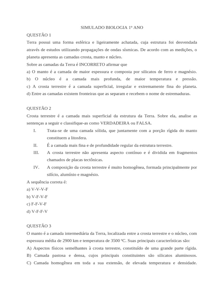 Simulado de Biologia para Ensino Médio | PDF | Água | Evolução
