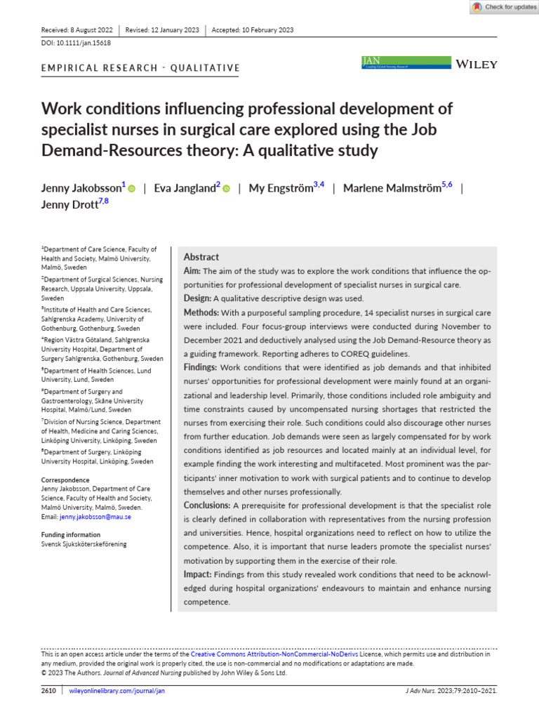 Journal of Advanced Nursing - 2023 - Jakobsson - Work Conditions ...