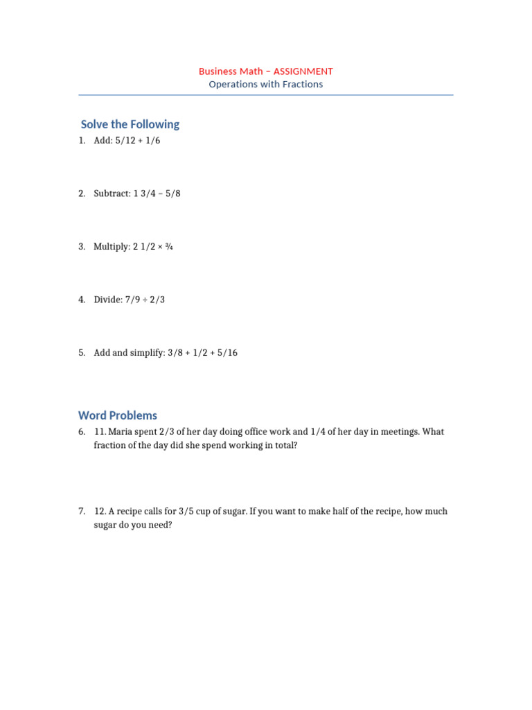 Business Math: Operations with Fractions | PDF