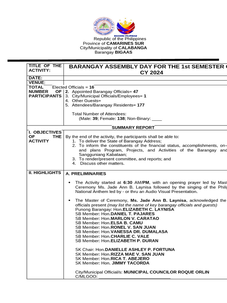 Barangay Assembly Day Summary 2024 | PDF