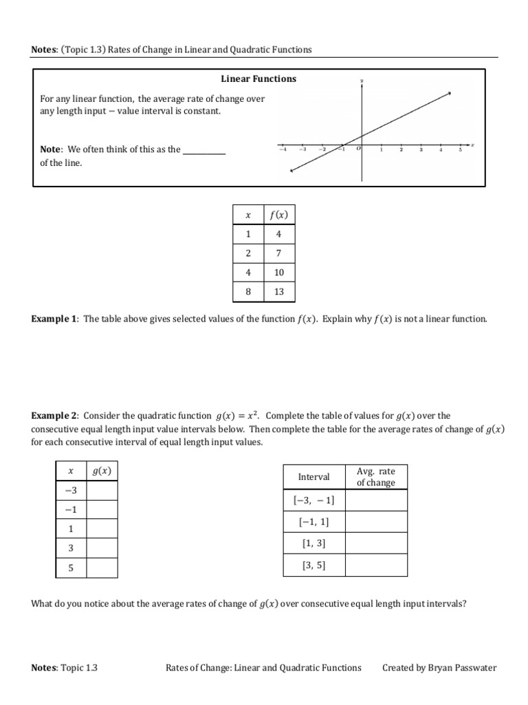 Notes Topic 1.3 Rates of Change Linear and Quadratic Functions AP PC ...