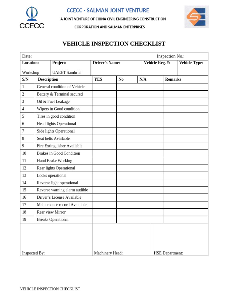 Vehicle Inspection Checklist Template | PDF