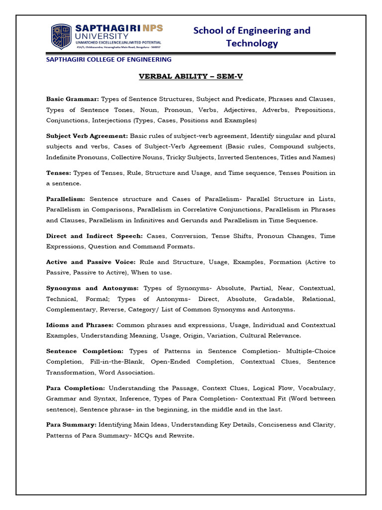 Verbal Ability Guide for Engineering Students | PDF | Verb | Subject ...