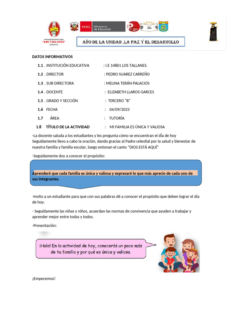 Mi Familia Es Unica y Valiosa - Lunes 04-01-2023 Tutoría | PDF