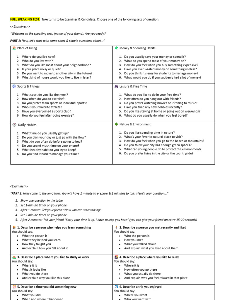 Speaking Test Questions Guide | PDF
