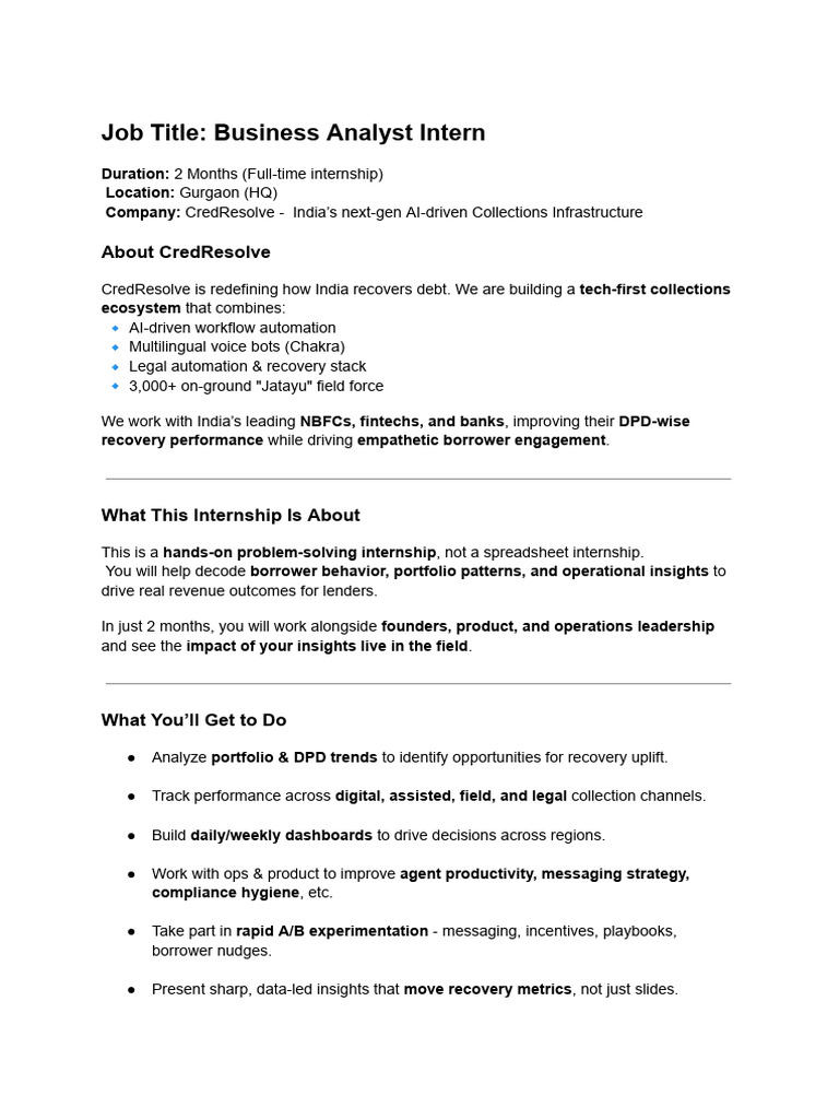 Business Analyst Internship at CredResolve | PDF | Business | Economies