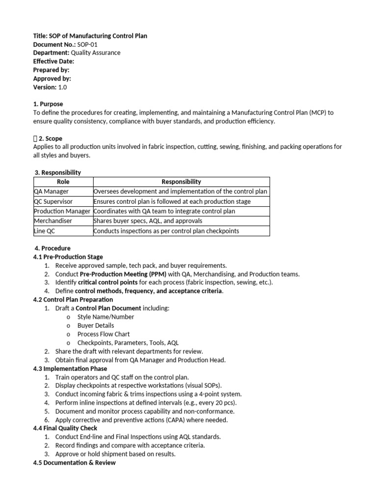SOP of Manufacturing Control Plan | PDF | Quality Assurance | Business