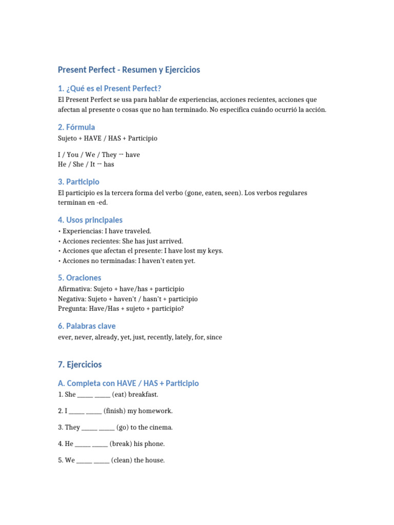 Present Perfect Resumen y Ejercicios | PDF