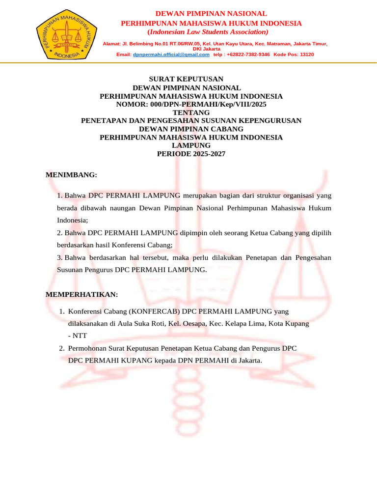 Pengesahan Pengurus DPC PERMAHI Kupang 2025 | PDF