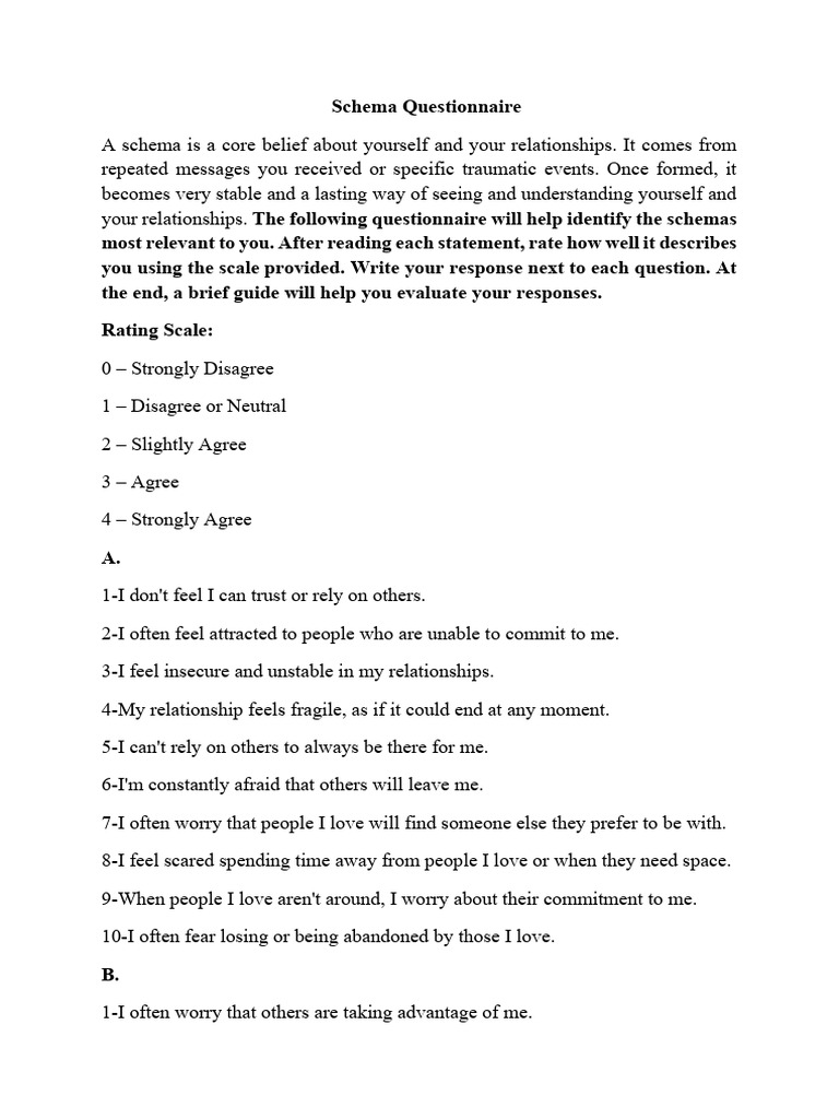 Schema Questionnaire for Self-Assessment | PDF | Schema (Psychology ...