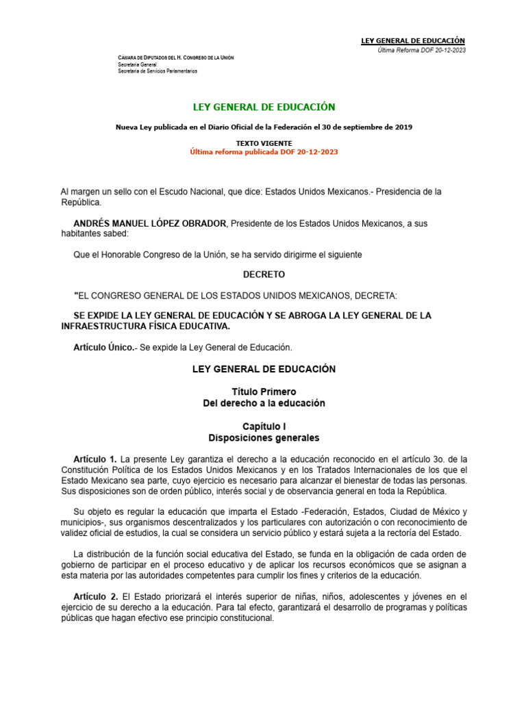 Ley General de Educación 2023: Resumen y Reformas | PDF ...