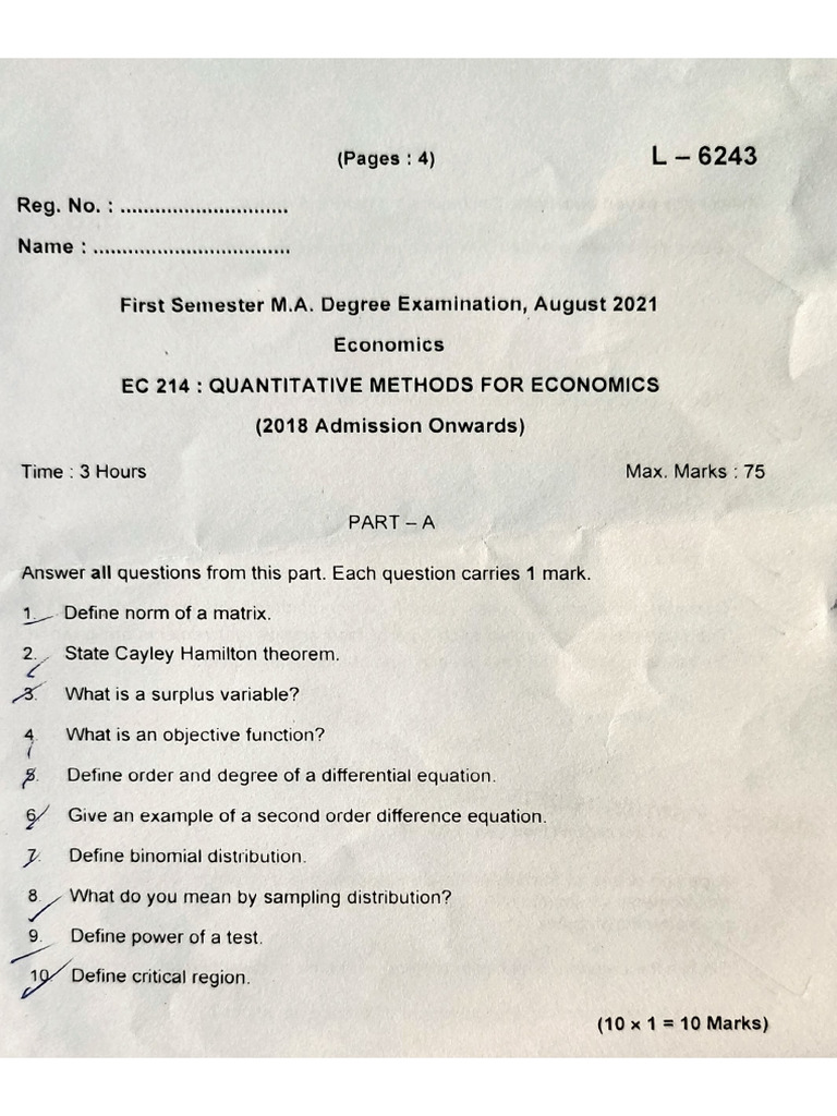 Quantitative Methods for Economics Exam | PDF | Mathematical Objects ...