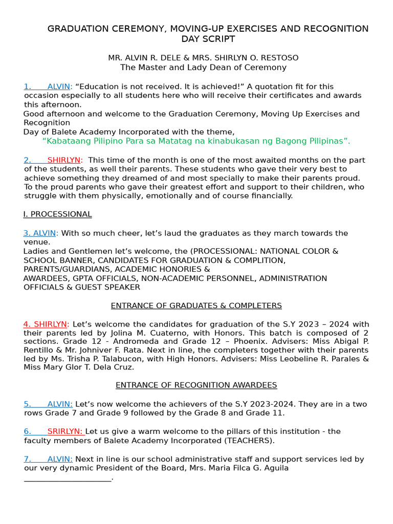 Graduation Ceremony Script 2023-2024 | PDF