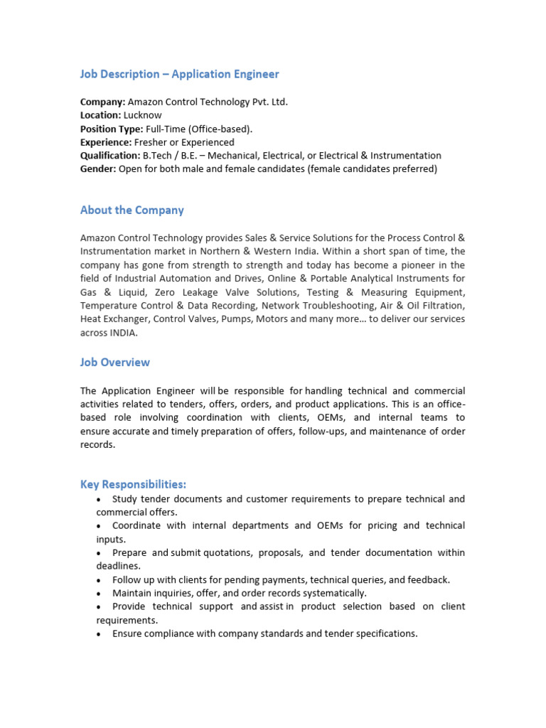 Application Engineer Job at Amazon Control Tech | PDF | Instrumentation