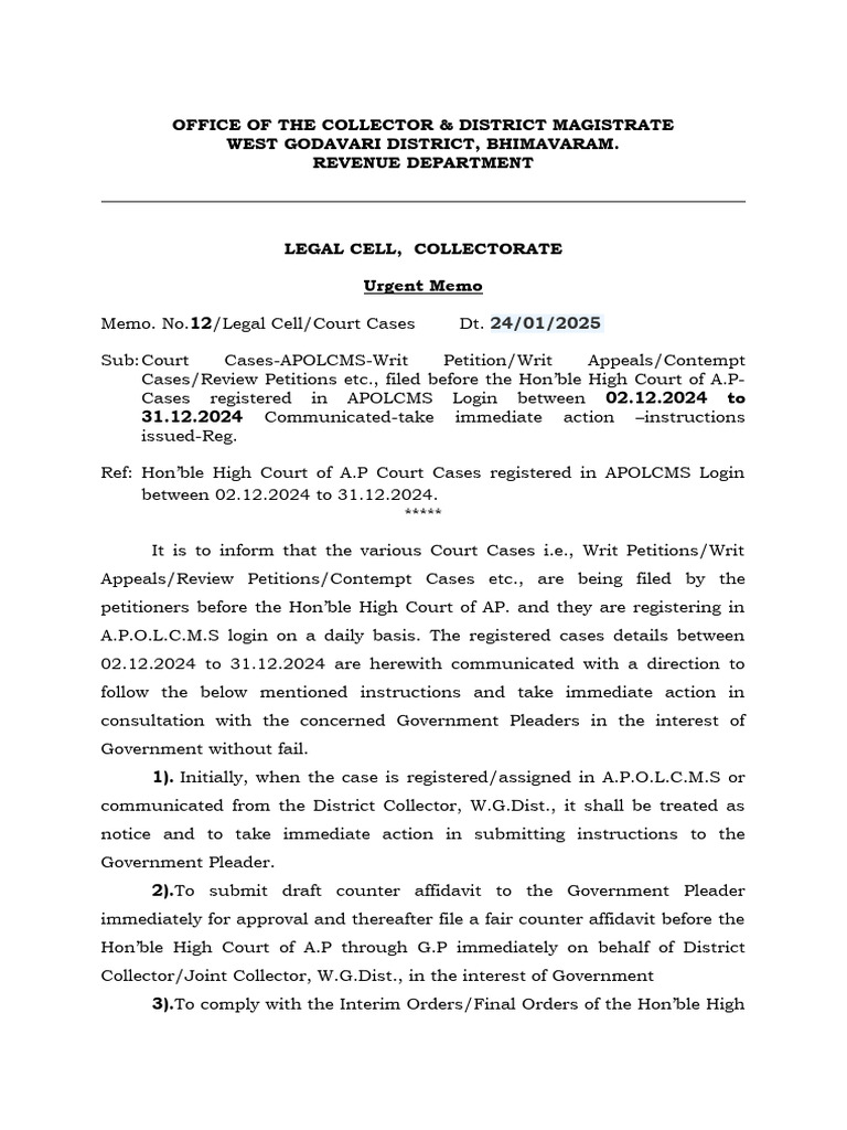 Court Cases Urgent Memo Instructions Dt 24012025 | PDF | Government Of ...