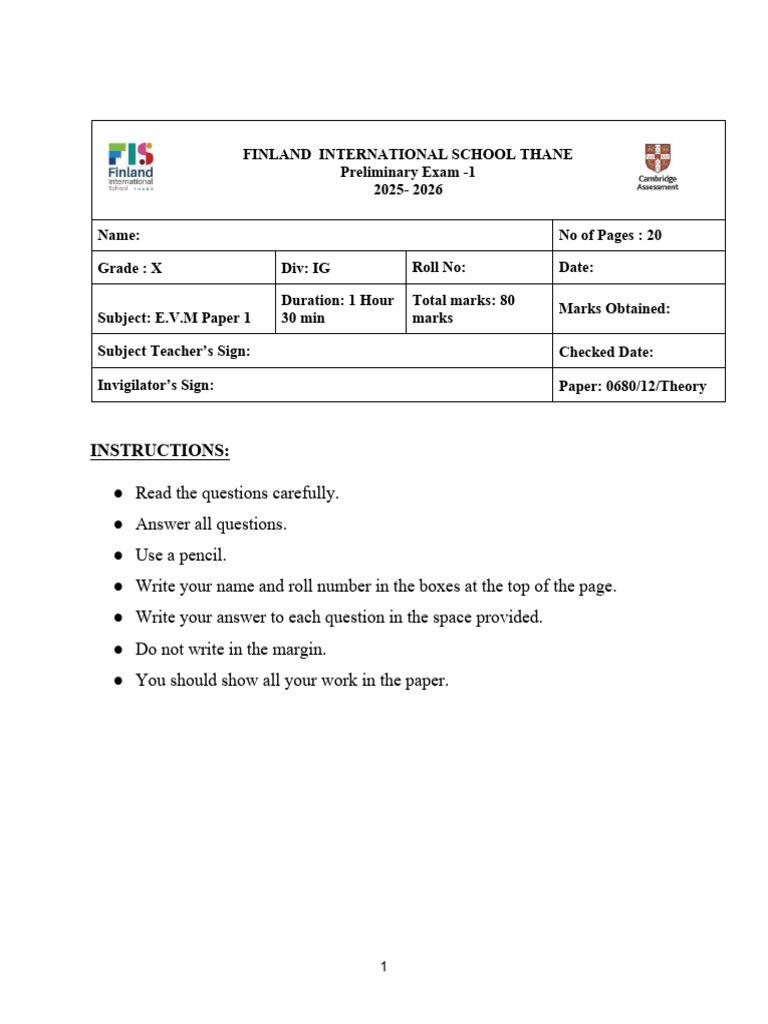 EVM Paper 1 Exam Instructions Grade X | PDF