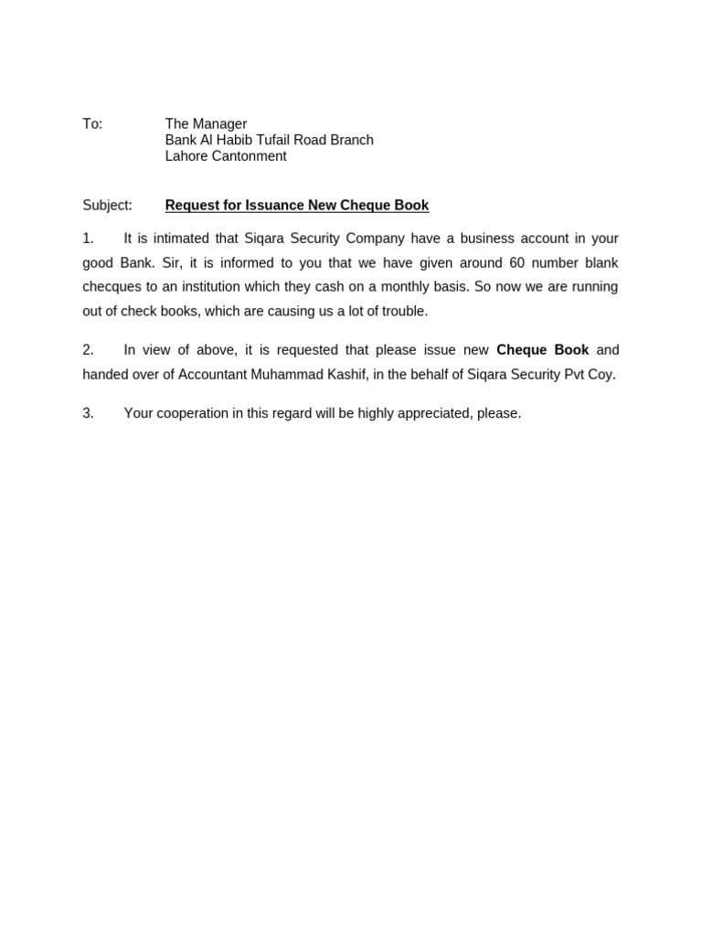 Request for New Cheque Book Issuance | PDF