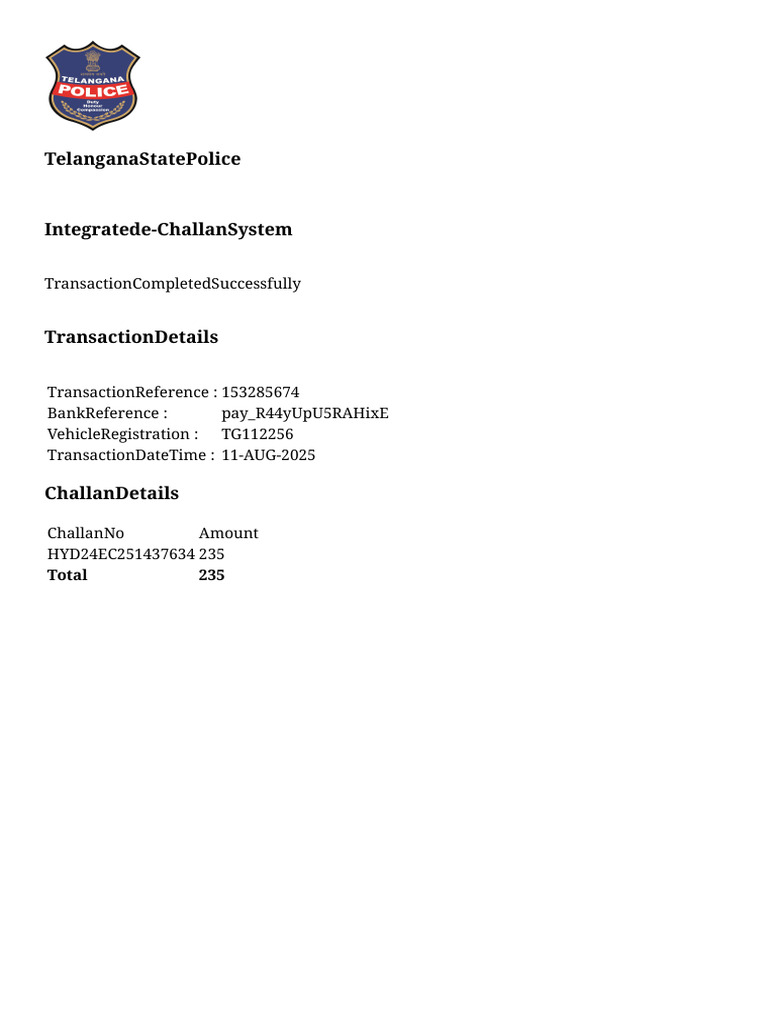 Telangana Police e-Challan Transaction | PDF