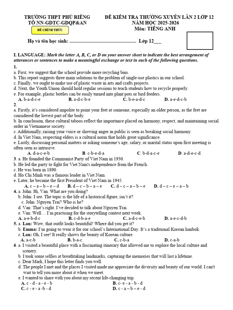 English Test for 12th Grade Students | PDF | Recycling
