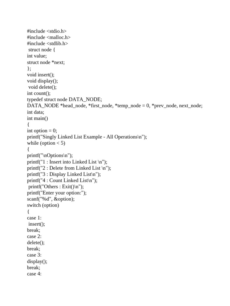 Singly Linked List Operations in C | PDF | Computer Programming ...