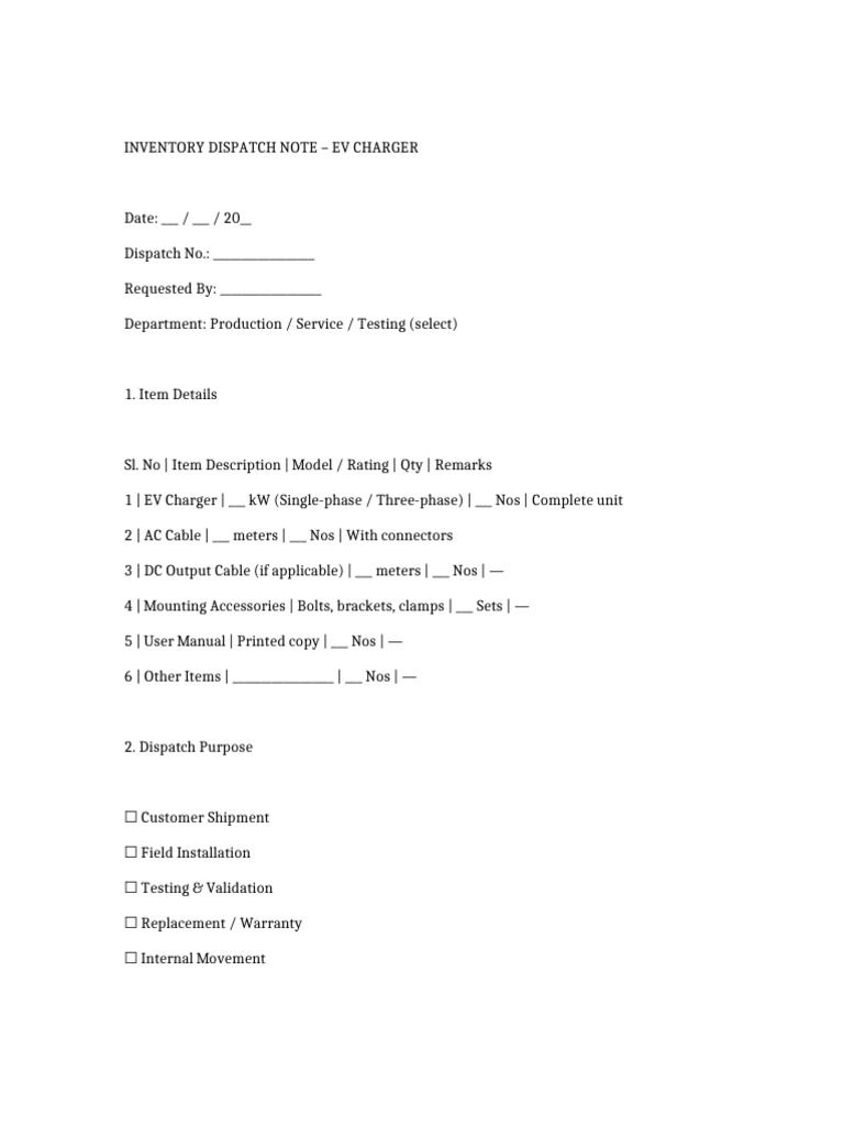 EV Charger Dispatch Note | PDF