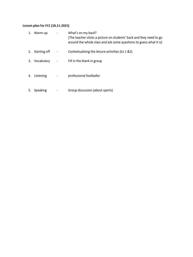Lesson Plan For FCE (17.11.2025) | PDF