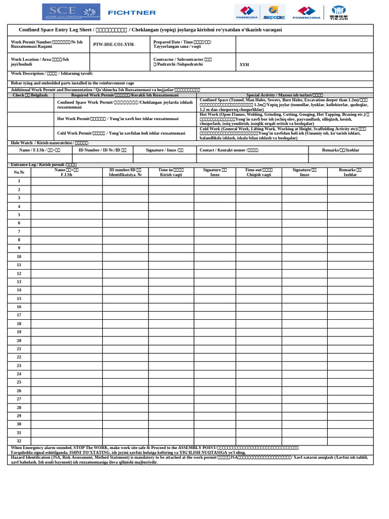 Confined Space Entry Log Sheet | PDF | Steel | Occupational Safety And ...