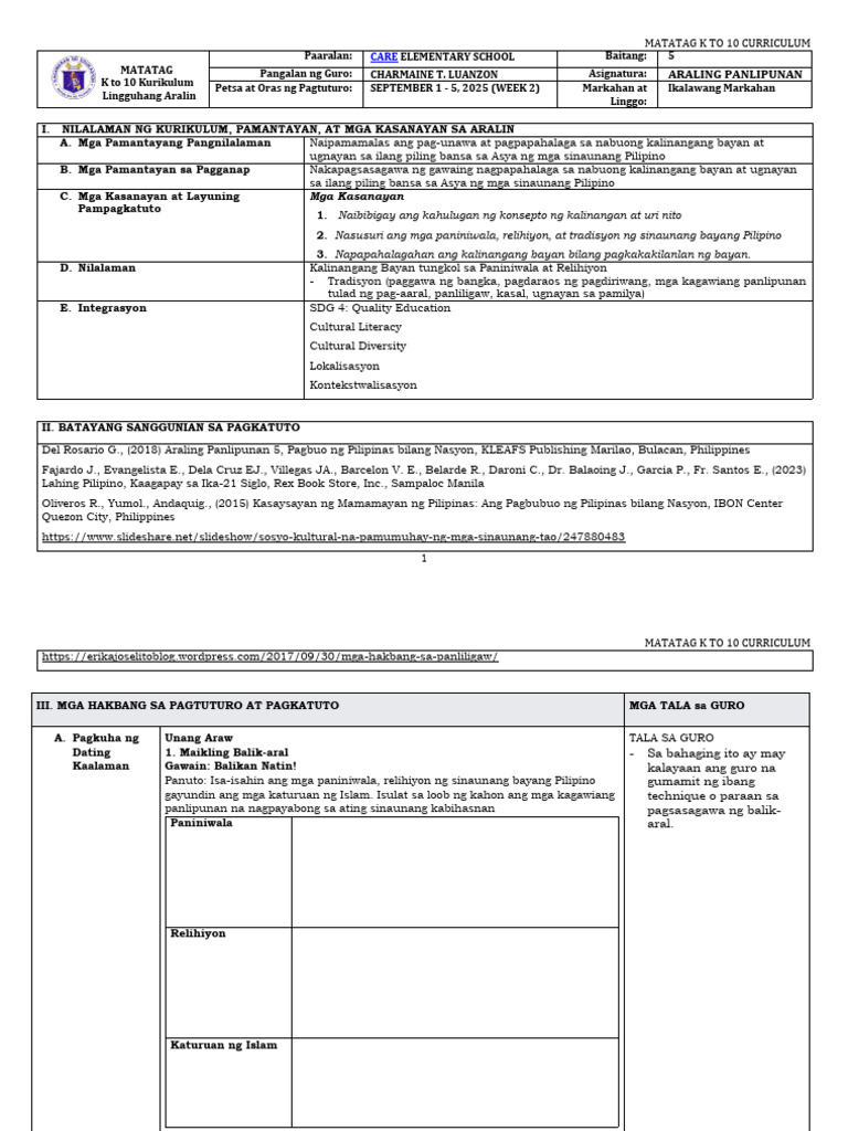 DLL Matatag - Ap 5 q2 w2 | PDF