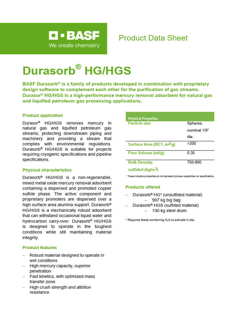 Mercury Removal Adsorbent Durasorb® HG/HGS | PDF | Mercury (Element ...