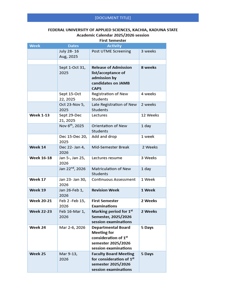 Federal University Kachia Academic Calendar 2025 | PDF | Academic Term ...