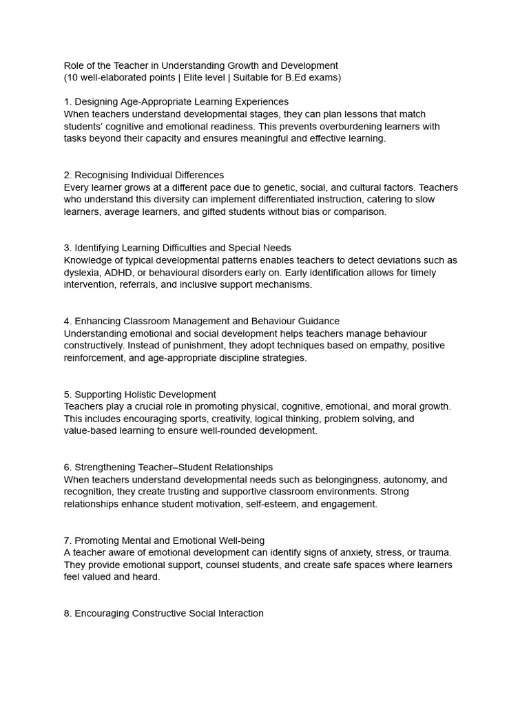 Role of teacher in growth and development (1) | PDF | Teachers | Learning
