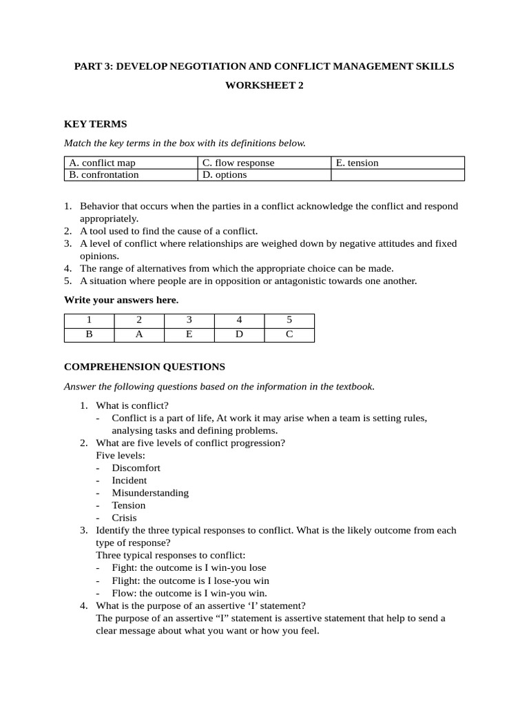 Conflict Management Skills Worksheet | PDF | Negotiation | Cognition