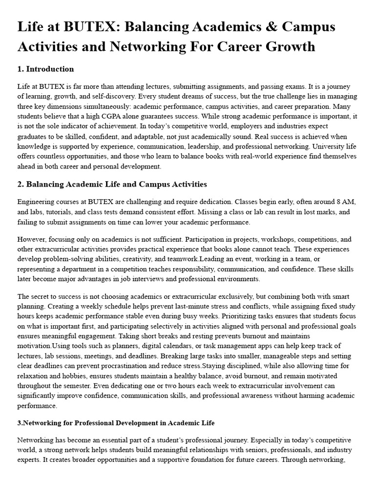 Balancing Academics and Networking at BUTEX | PDF | Leadership | Motivation