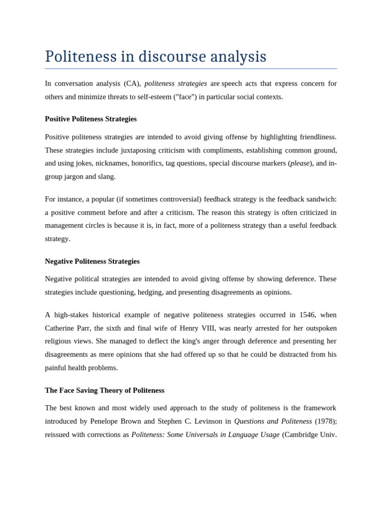 Politeness Strategies in Discourse Analysis | PDF | Human Communication ...