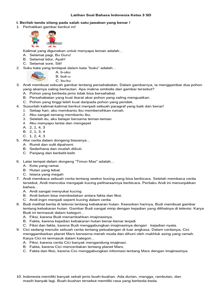 Latihan Soal Bahasa Indonesia Kelas 3 SD | PDF