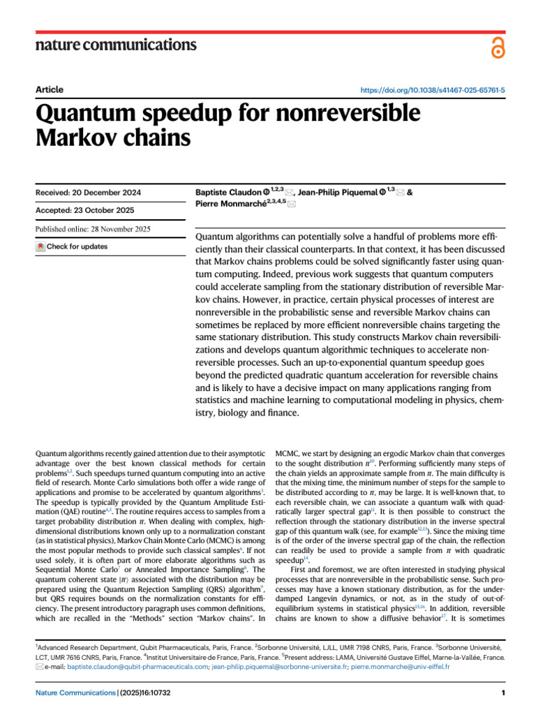 Quantum Speedup for Nonreversible Markov Chains | PDF | Markov Chain ...