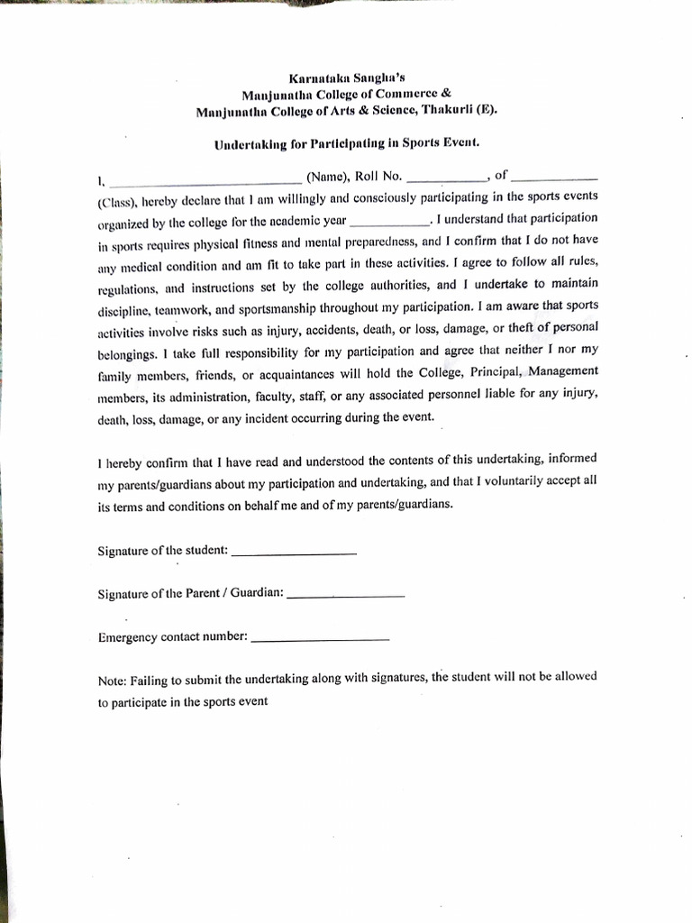 Sports Participation Undertaking Form | PDF