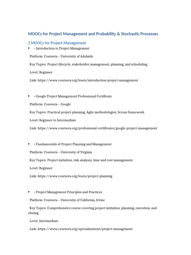 MOOCs for Project Management & Probability | PDF | Stochastic Process ...