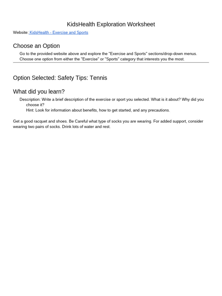 KidsHealth Exploration Worksheet | PDF
