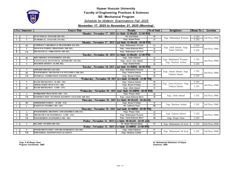 Nazeer Hussain University Midterm Schedule | PDF | Mechanical ...
