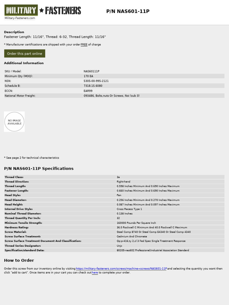 NAS601 11P Military Fasteners Com | PDF | Screw | Metalworking