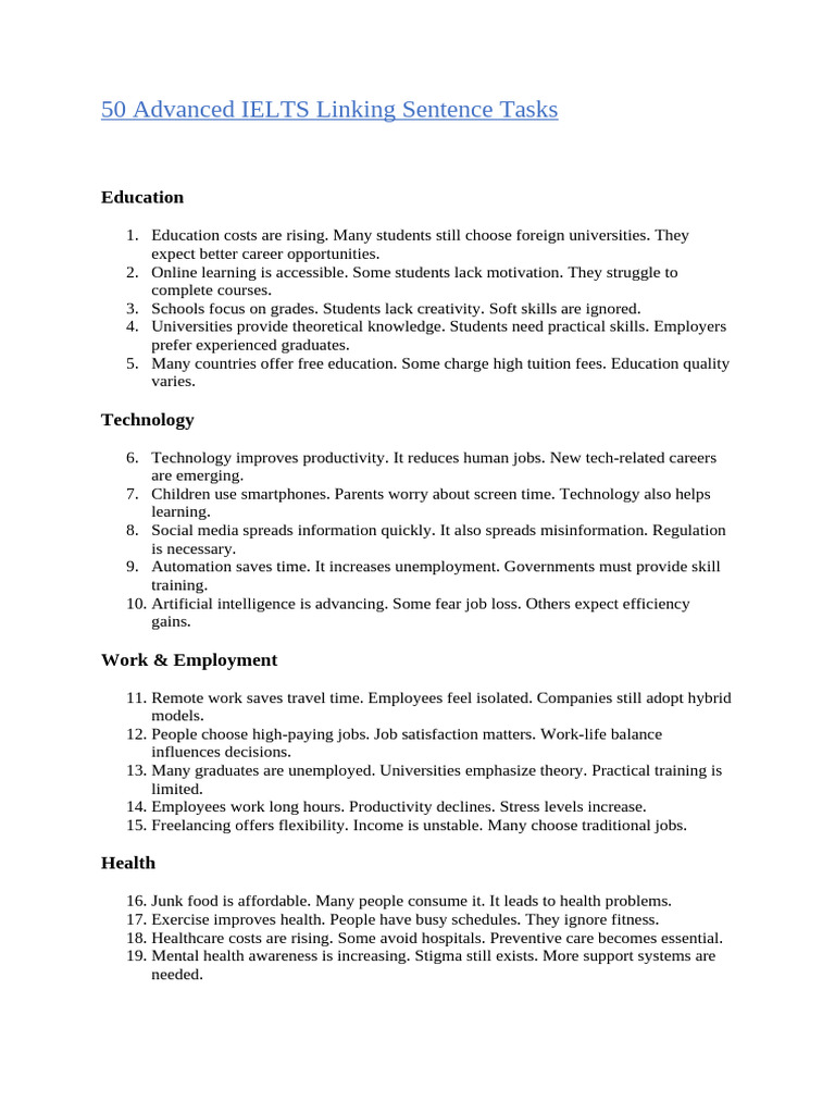 50 Advanced IELTS Linking Sentence Tasks | PDF | Cost Of Living ...