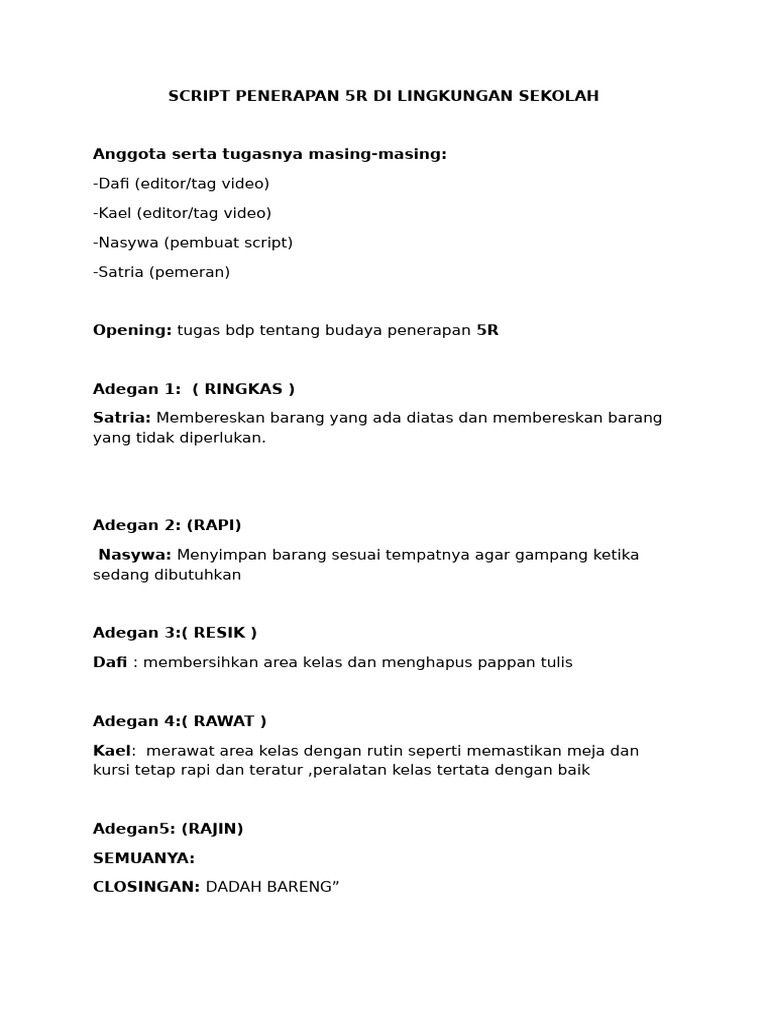 Penerapan 5R di Sekolah: Script Video | PDF
